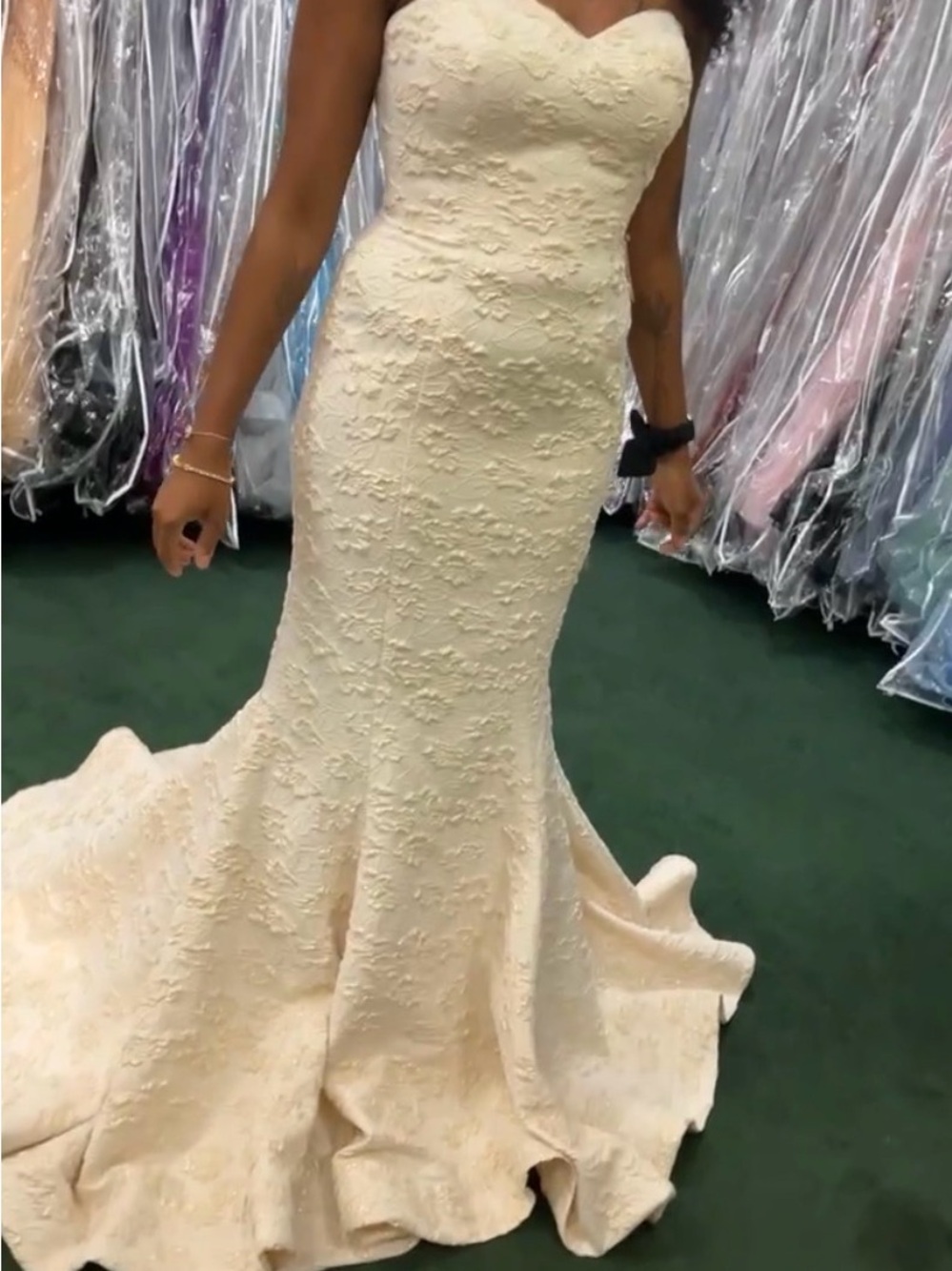 Strapless Floral Mermaid Dress in Cream